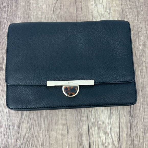 DKNY Black Leather Clutch Purse Gold & Tortoise Shell Accents‎ Evening Bag - Picture 1 of 7
